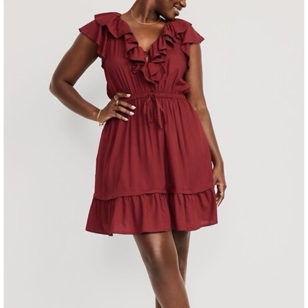 Old Navy 2x Mini Dress Red Fit N Flare Romantic Ruffle Cowgirl 100% Viscose